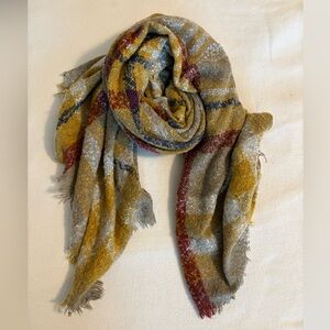 Large Fall Plaid Fringe Blanket Scarf in Yellow and Gray, Cozy and Soft